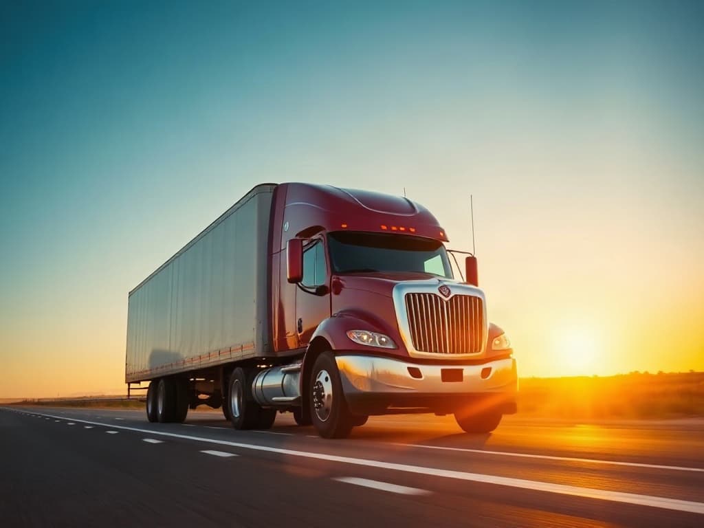 Long-haul tractor-trailer rolling down an open highway at sunset